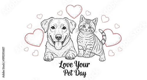A heartwarming illustration of a dog and cat surrounded by hearts on Love Your Pet Day with a quirky character design.