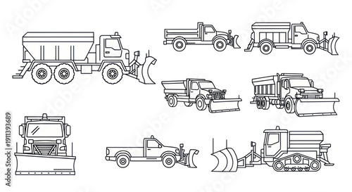 Snow Plow Truck Icons Set - Winter Road Maintenance Vehicles