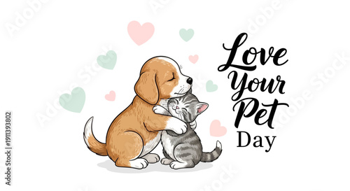 A heartwarming illustration of a dog and cat showing affection on Love Your Pet Day with colorful hearts.