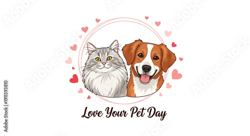 Illustration of a cat and dog surrounded by hearts for Love Your Pet Day, a symbol of affection and companionship between a feline and canine, with a playful and quirky style.