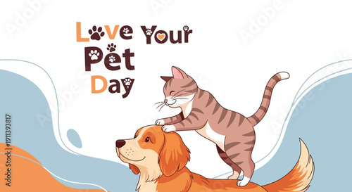 A playful cat and dog on Love Your Pet Day with a quirky character illustration in a colorful and affectionate scene.