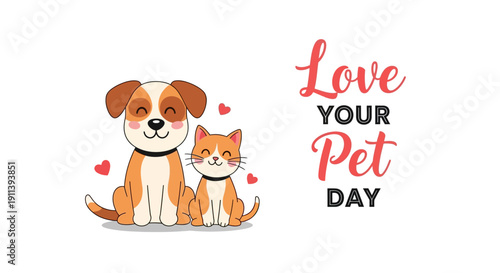 Vector illustration of a dog and cat sitting together with hearts on Love Your Pet Day against a clean white background.