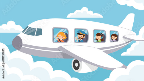 Cartoon airplane flying through white clouds in a blue sky with happy passengers and a pilot visible through windows.