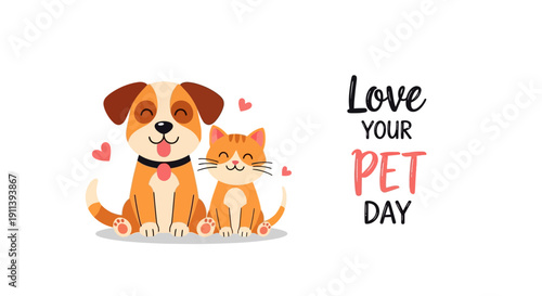 Vector illustration of a dog and cat on Love Your Pet Day with hearts, showcasing affection and companionship in a simple design.
