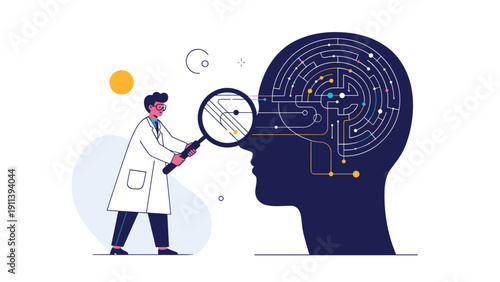 Scientist examining human brain activity and cognitive processes through a magnifying glass in a futuristic neurobiology study.