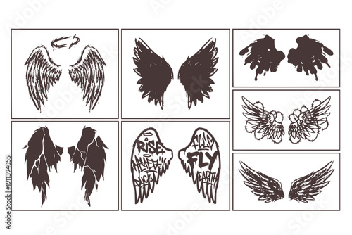 Grunge Street Art Angel Wings Set of 6 Black & White Edgy Urban Brushwork Designs
