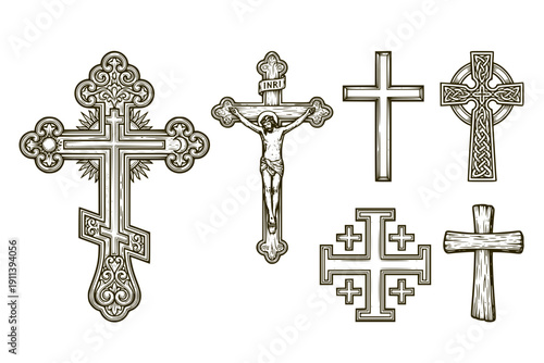 Christian Religious Crosses Set of 6 Black and White Orthodox Catholic & Lutheran Symbols
