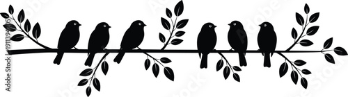Birds on branch silhouette illustration, perched birds nature decor, black floral tree branch design, minimalist wildlife vector art
