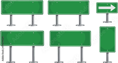 Blank green highway road signs with metal posts and arrow direction board, realistic traffic signage vector illustration isolated on white background
