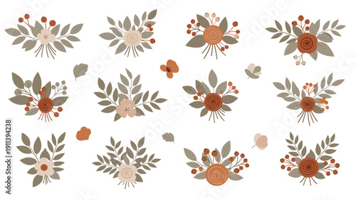 Collection of various small floral bouquets featuring earth-toned leaves and flowers in shades of brown, beige, and orange on a white background.