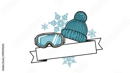 Winter themed illustration with a teal knit beanie, ski goggles, and snowflakes surrounding a blank white banner for personalized messages.