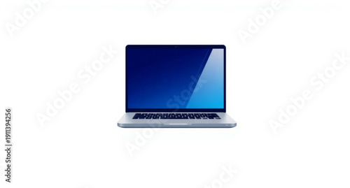 A portable silver laptop computer with a blank blue screen display is isolated on a white background for business technology and office work communication