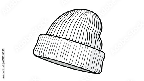 Detailed black and white line drawing of a classic cuffed knit beanie hat isolated on a plain white background for fashion design use.
