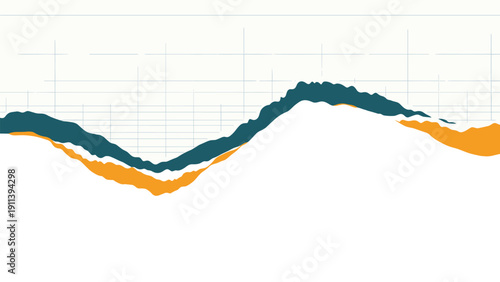 Abstract layered landscape illustration depicting jagged mountain peaks in dark teal and mustard orange tones under a grid-patterned sky.