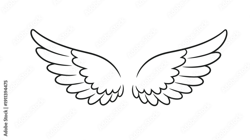 Obraz premium Symmetrical black and white line art of a pair of feathered angel wings spread wide on a clean white background.
