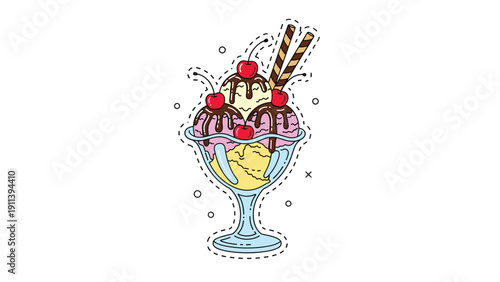 Colorful illustration of a three-scoop ice cream sundae in a glass bowl topped with chocolate syrup, cherries, and wafer sticks.