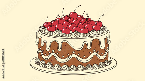 Delicious chocolate layer cake topped with white frosting and a generous amount of fresh red cherries on a light yellow background.