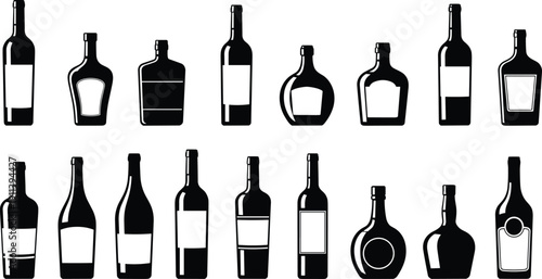 Bottle silhouette collection, wine liquor glass containers, alcohol packaging shapes, black and white beverage bottles, minimal vector illustration set