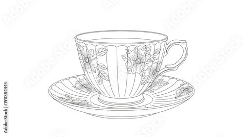 Detailed black and white line art of a classic vintage teacup and saucer decorated with delicate floral patterns.