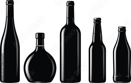 Black glass bottle silhouettes collection, various beverage bottle shapes, minimal realistic illustration isolated on white background