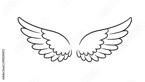 Symmetrical black and white line art of a pair of feathered angel wings spread wide on a clean white background.