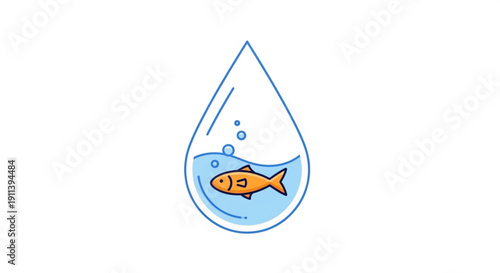 Single orange fish in a water droplet simple illustration blue