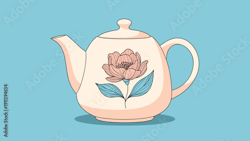 Charming ceramic teapot in light pink with a large detailed flower illustration on the side against a solid blue background.