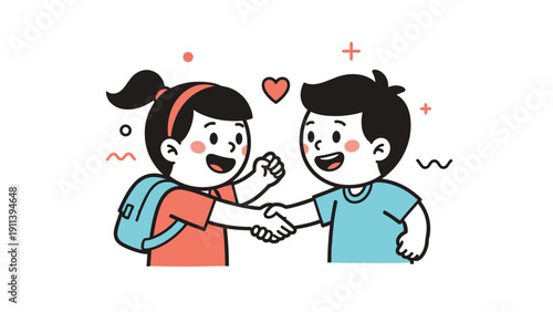 Two happy young school children, a girl and a boy, shaking hands in a friendly gesture of friendship and cooperation.