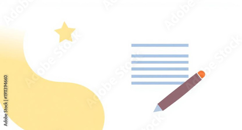 A yellow pencil and eraser illustration on a blank notebook page for school or office business writing and creative design vector notes