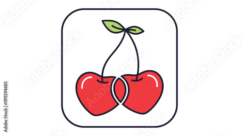 Two bright red cherries shaped like hearts and joined together with a green leaf at the top in a square frame.