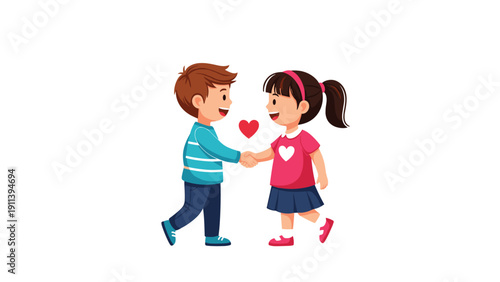 Cheerful illustration of a young boy and girl shaking hands with a small red heart between them as a sign of affection.