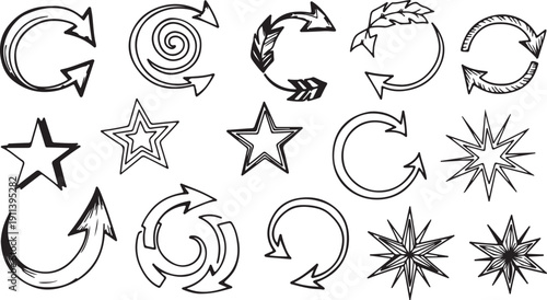 Black and white hand drawn navigation icons set in doodle style for web design and user interface