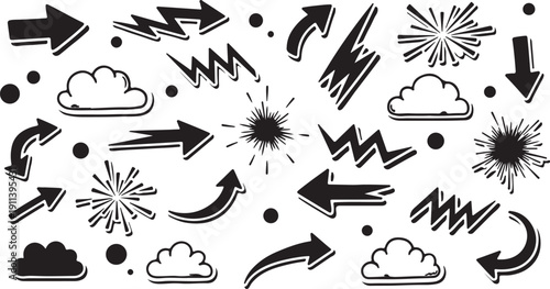 Comic Book Arrows and Explosions in Dynamic Black and White Illustration with Bold Lines and Simple Shapes for Graphic Design