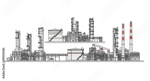 Industrial Oil Refinery Plant Schematic Drawing.