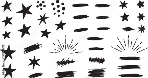 Hand drawn stars and brush strokes in grunge style with black ink on white background for graphic design elements