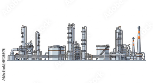 Industrial Oil Refinery Complex with Tall Towers and Tanks.