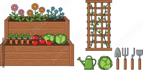 Home gardening illustration with raised wooden planter box vegetables flowers trellis and tools, backyard vegetable garden vector isolated on white background