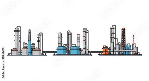 Industrial Oil Refinery Plant with Tall Stacks and Storage Tanks.