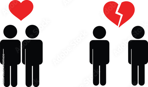 Love and breakup relationship concept illustration showing couple together with heart and separated people with broken heart isolated on white background