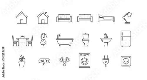 Collection of hand drawn icons representing home furniture and appliances.