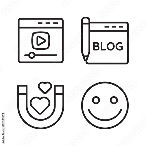 Blogging and customer satisfaction line icons with video player and magnet