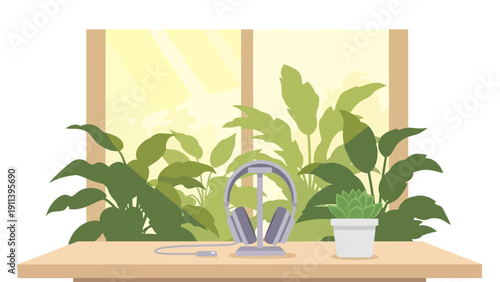 Minimalistic workspace with headphones and greenery by sunny window