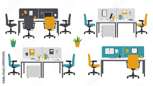 Modern office workspace setup with chairs, desks, and plants