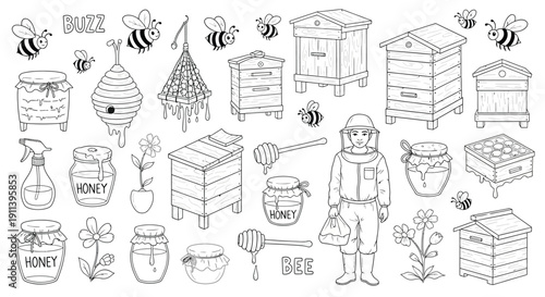 A detailed collection of hand-drawn beekeeping elements and honey production illustrations.