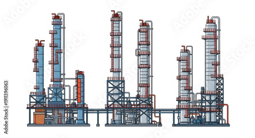 Industrial Oil Refinery Complex with Distillation Towers and Pipelines.