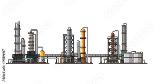 Industrial Oil Refinery Plant with Towers and Tanks.