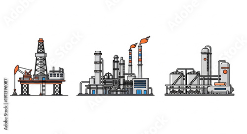 Industrial Factory and Oil Rig Illustration.
