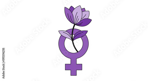 Purple female symbol with flower representing feminism and empowerment on a white background