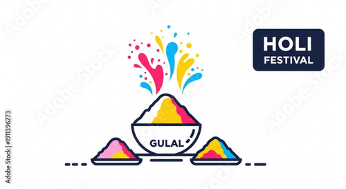 Vibrant holi festival celebration with colorful gulal powder piles and splashes