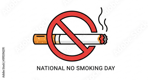 National no smoking day sign with cigarette and red prohibition symbol on white background